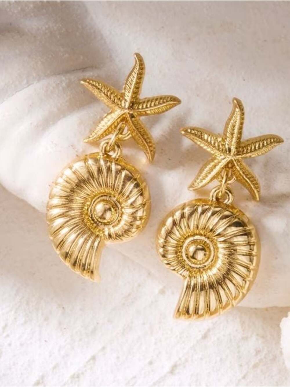 Gold Nautilus & Starfish Drop Earrings - Gold Tone